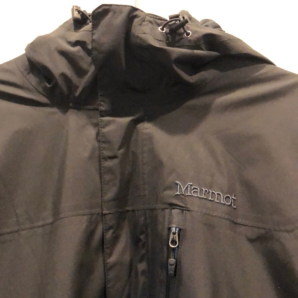 Marmot Black Hooded Rain Jacket with Chest Zip Pocket